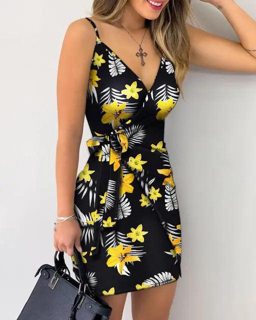 Bodycon V Neck Tropical Print  Dresses Motohoo
