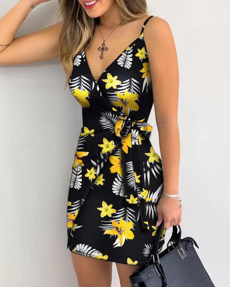 Bodycon V Neck Tropical Print  Dresses Motohoo