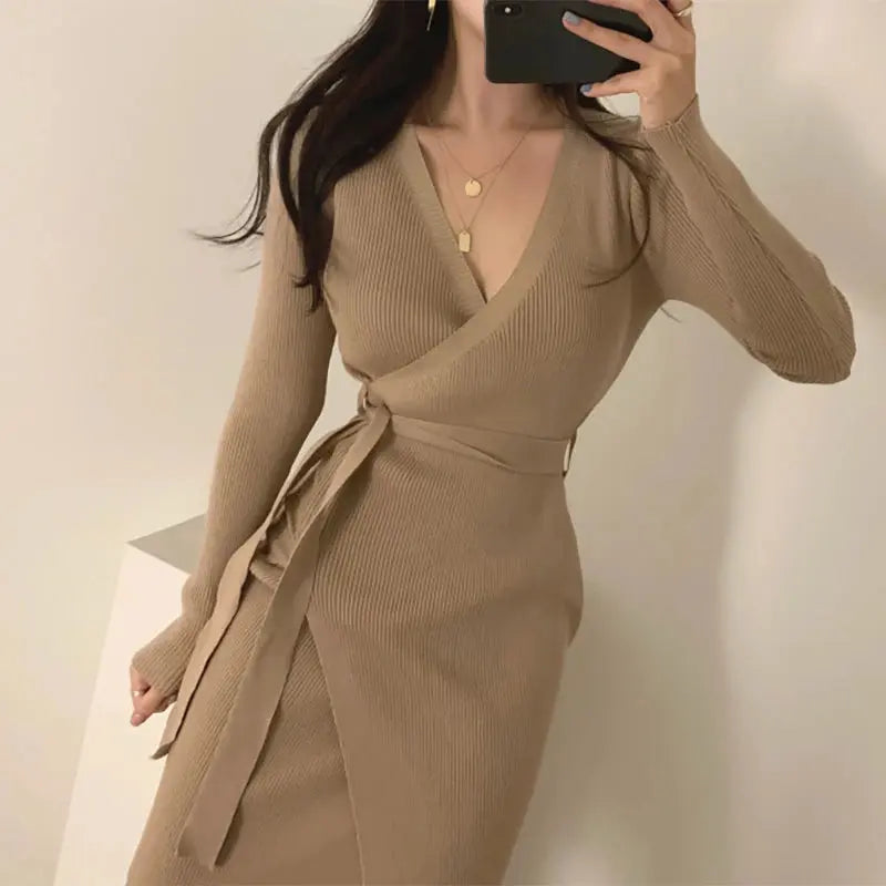 Women Dress V Neck Long Sleeve Ribbed Knitted Dress Motohoo