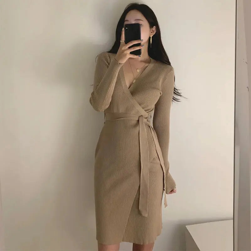 Women Dress V Neck Long Sleeve Ribbed Knitted Dress Motohoo