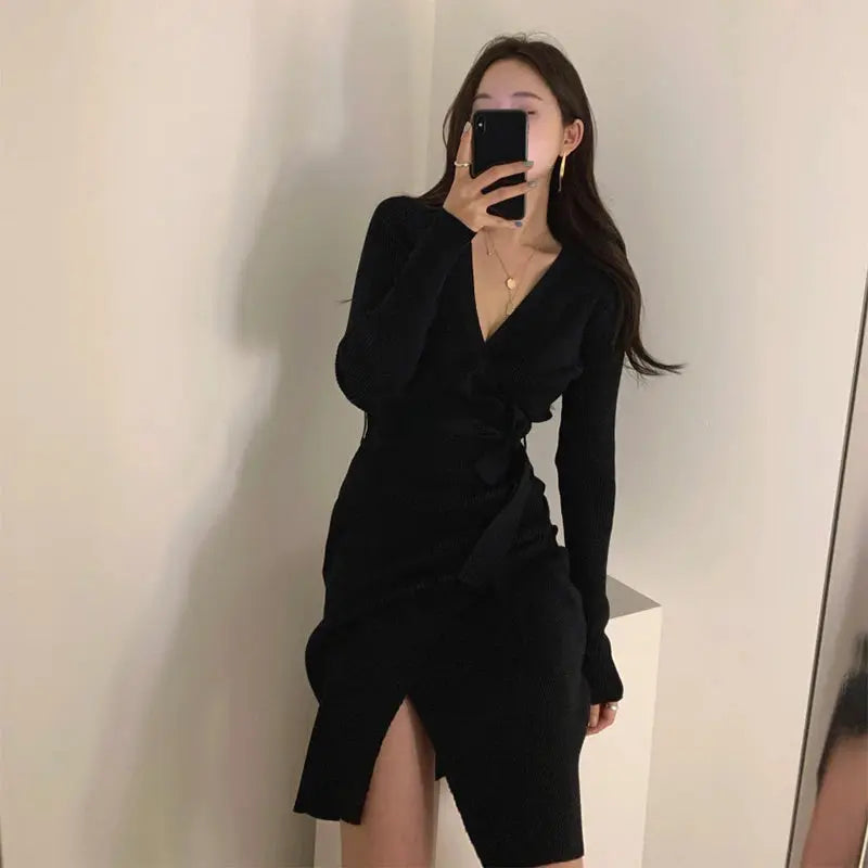 Women Dress V Neck Long Sleeve Ribbed Knitted Dress Motohoo