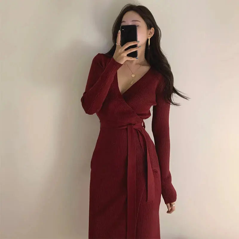 Women Dress V Neck Long Sleeve Ribbed Knitted Dress Motohoo