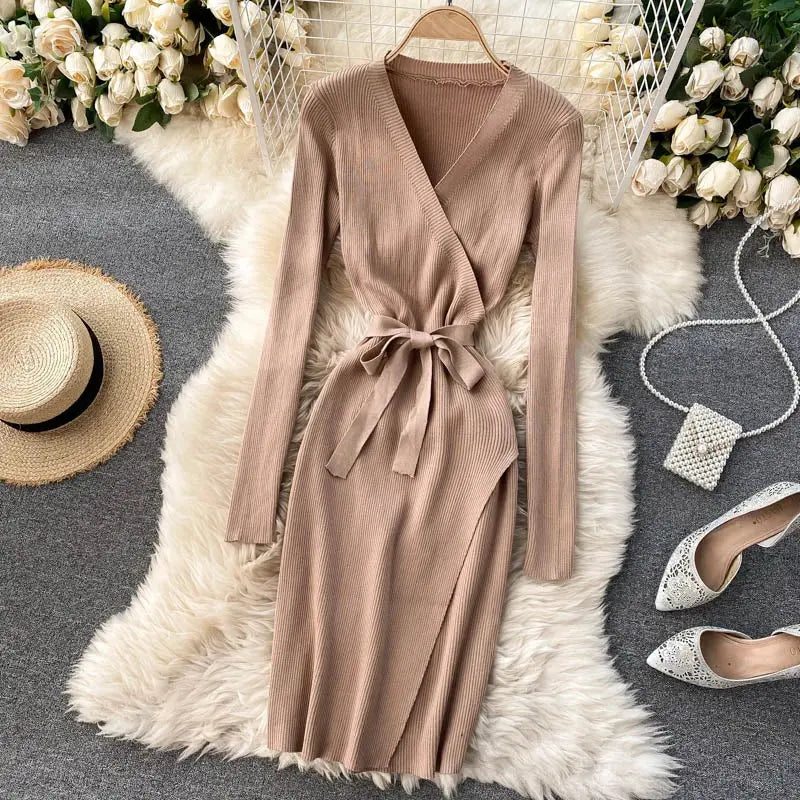 Women Dress V Neck Long Sleeve Ribbed Knitted Dress Motohoo