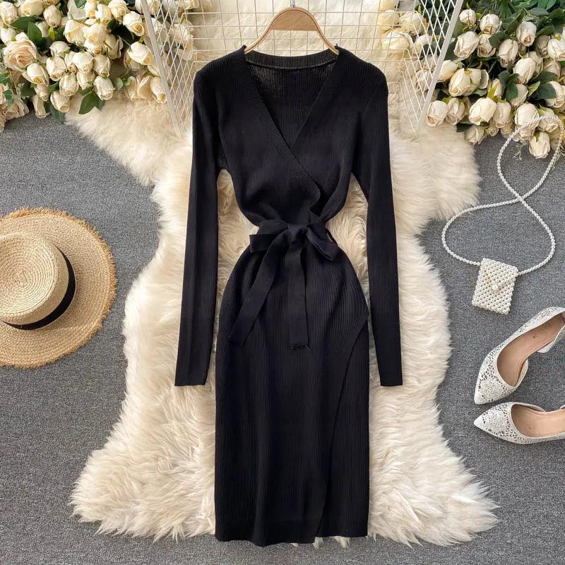 Women Dress V Neck Long Sleeve Ribbed Knitted Dress Motohoo