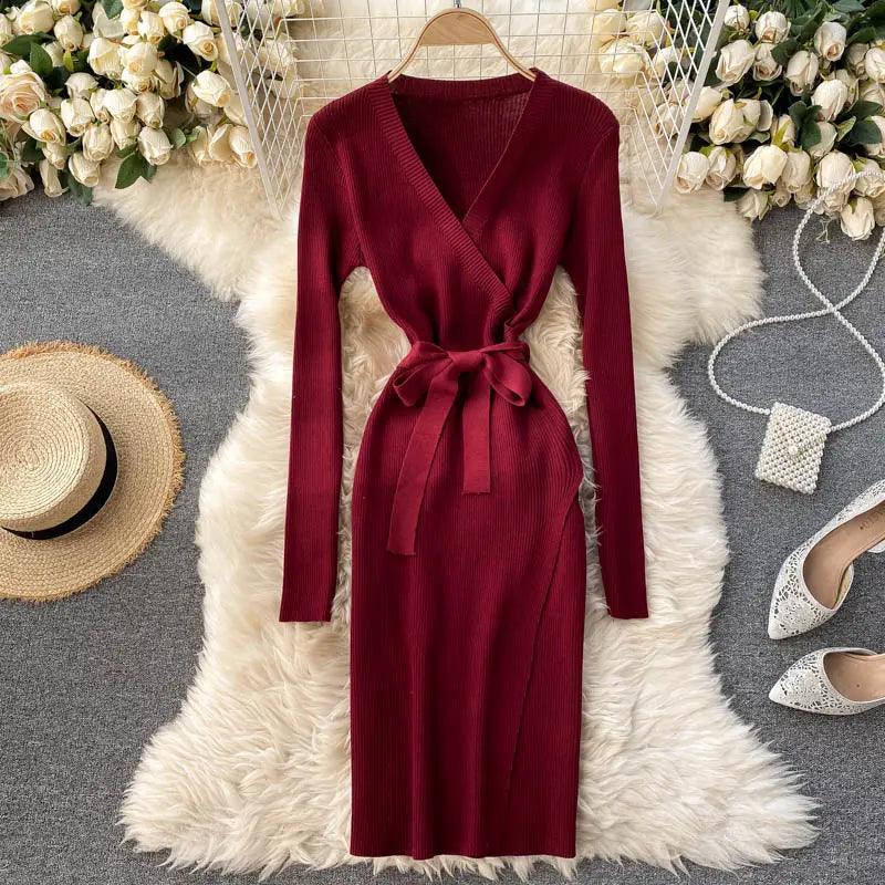 Women Dress V Neck Long Sleeve Ribbed Knitted Dress Motohoo